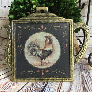 Vintage Rooster Themed Cast Metal Teapot Shaped Trivet/Wall Decor
